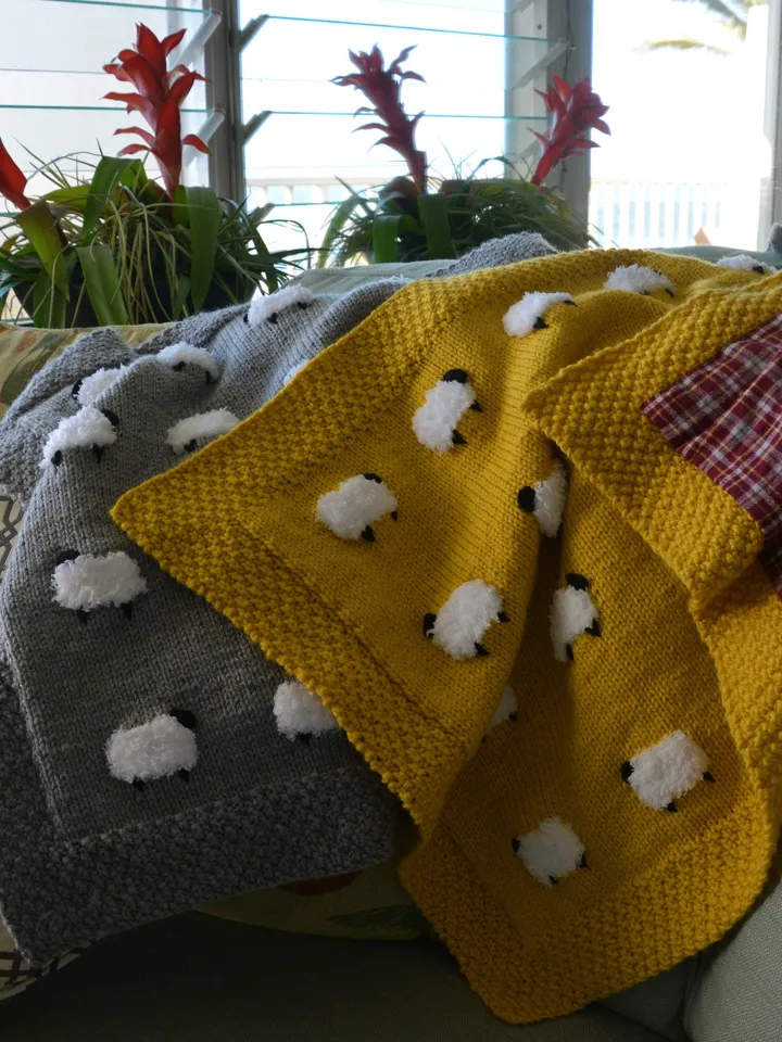 Reversible Sheep Baby Blanket, Handknit, Fuzzy Sheep, Flannel on Reverse (Optional) 3 Sizes