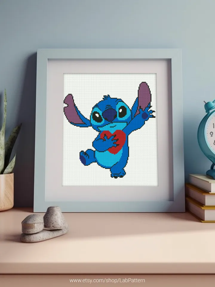 Lilo and Stitch, Heart cross stitch pattern, Love Hawaii, Valentine’s Day, nursery decor, counted, chart, gift DIY, embroidery, instant PDF