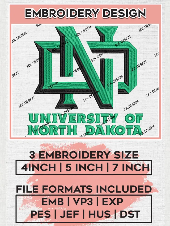 ND Uni.versity of North Dakota Football Team Logo Embroidery Design Files, NCAA North Dakota Fighting Hawks Machine Embroidery, NCAA Teams, Game Day, 3 sizes, NCAA Machine embroidery designs, Digital Download