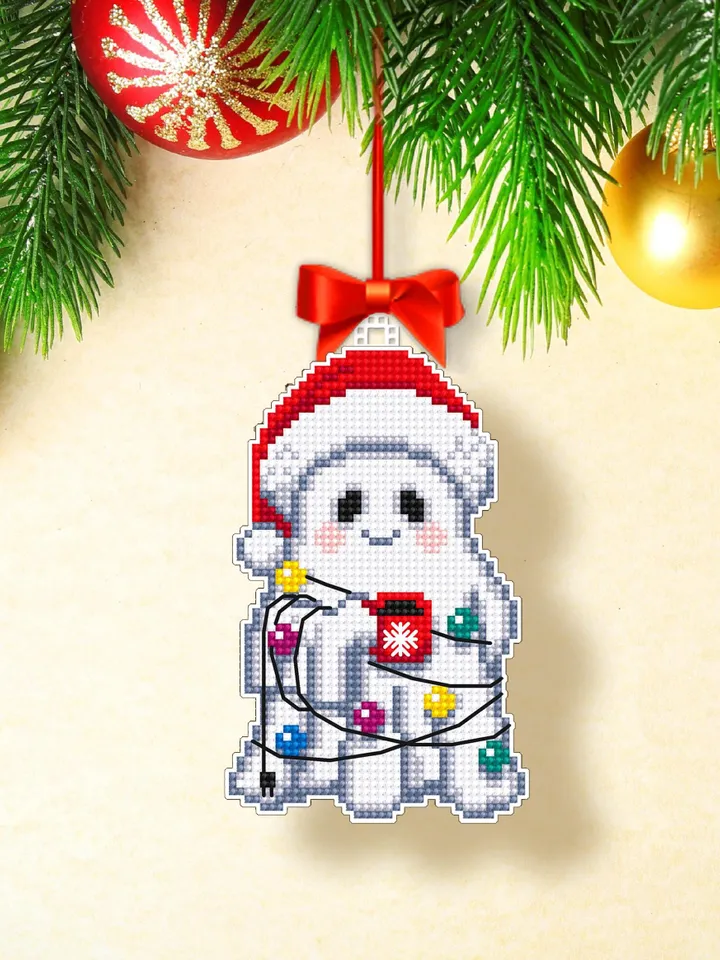 Christmas ghost cross stitch pattern PDF download Double-sided Christmas tree decor for plastic canvas, Cute ghost pattern digital PDF #N159