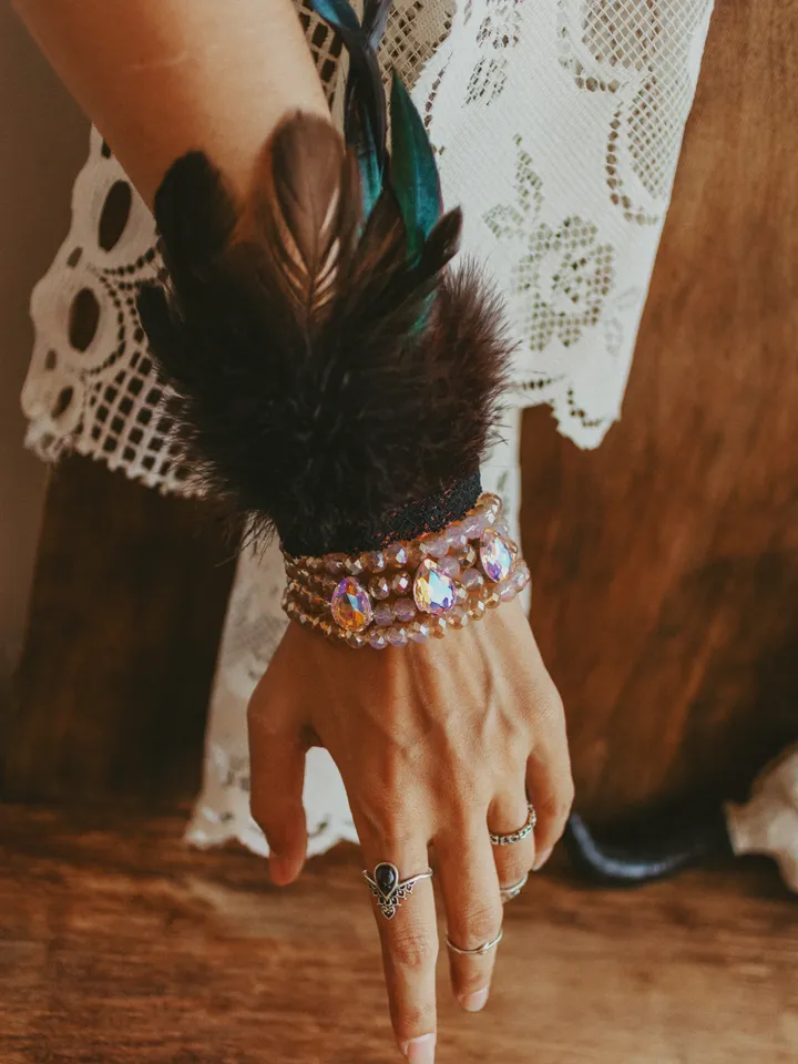 Custom Jewelry Set for Tara. Beaded necklace with hanging crystals, beaded bracelets and feather additions