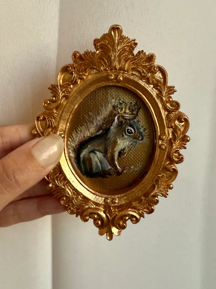 Framed Squirrel Oil Painting Original Wild Animals Art Cute North Squirrel Painting Gold Frame Victorian Painting