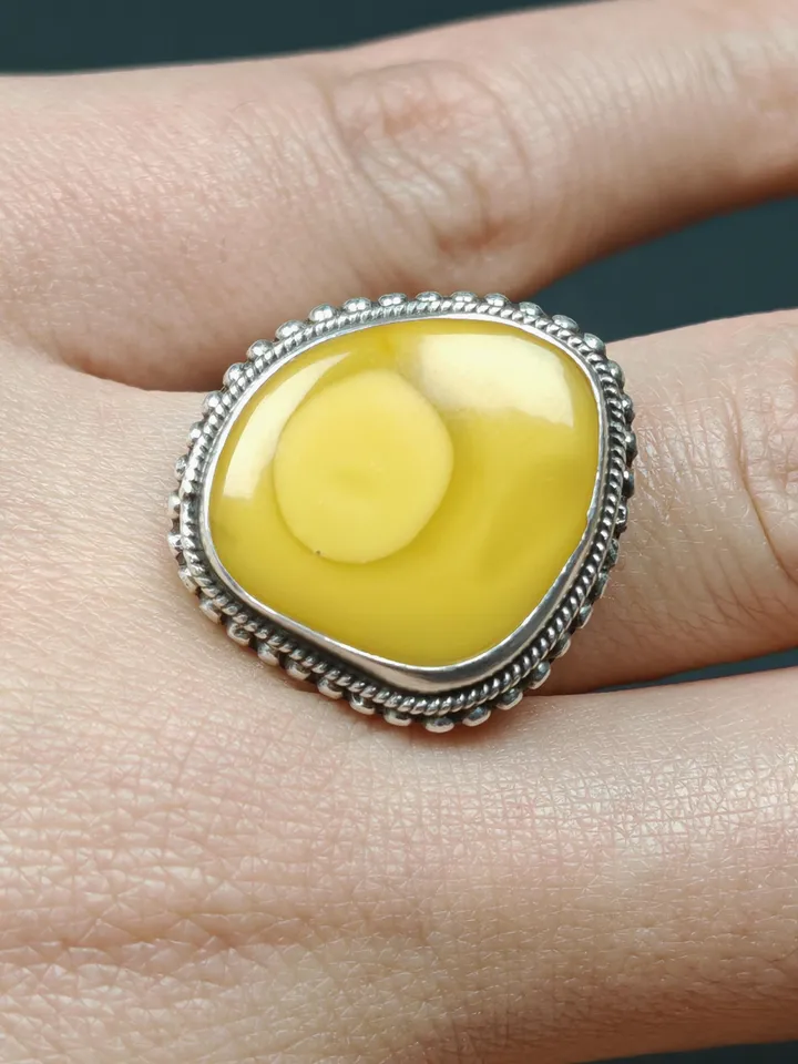 Gandhanra Unique Handmade Tibetan Silver Ring | Random Sahpe Amber Ring | Adjustable Size | Protection Jewelry