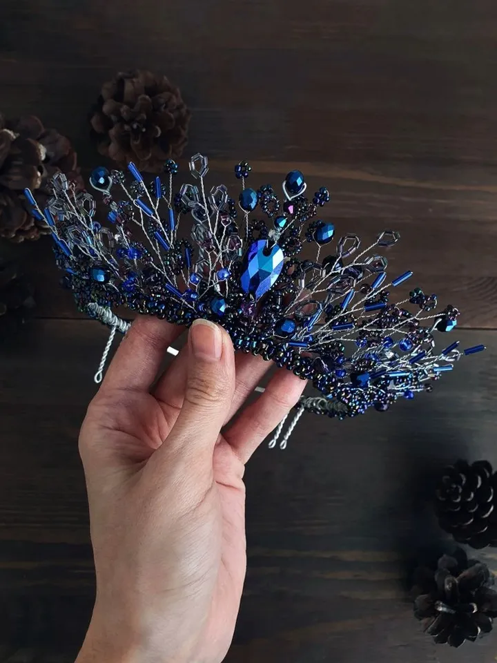Dark blue crown, blue silver diadem, Dark blue tiara, Blue wedding accessories