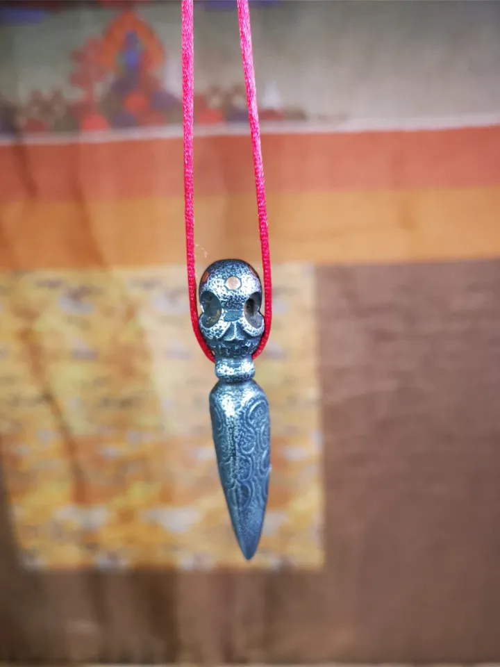 Gandhanra Handmade Skull Phurba Amulet,Kila - Dorje Phurba,Tibetan Budhist Ritual Implement Pendant,Made of Cold Iron,2.24"
