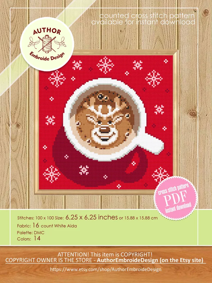 Set Christmas coffee cross stitch pattern PDF download Christmas cross stitch chart, Cup of latte cappuccino coffee, Snowflake, Deer #N150