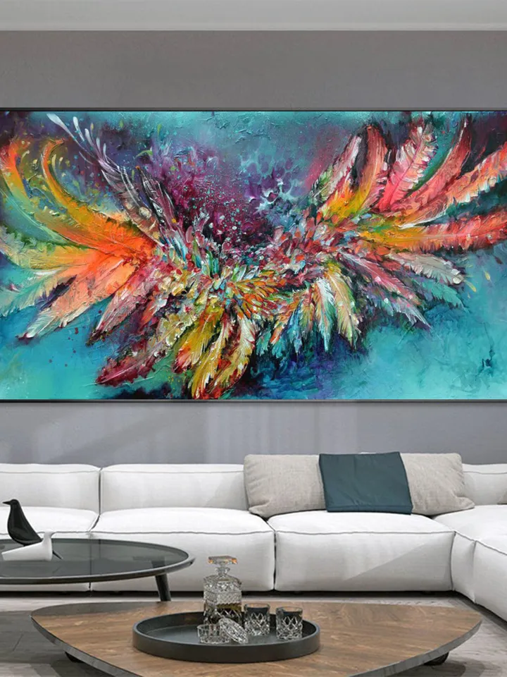 Original Painting On Cnavas, Abstract Colorful Feathers Painting, Boho Wall Decor, Large Wall Art, Modern Art, Office Living room Wall Decor