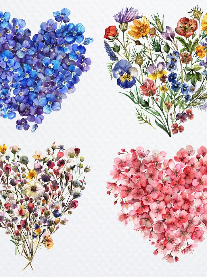 18 Floral Heart PNG Budnle, Сherry blossoms clipart, Forget me not, Watercolor clipart for sublimation,  Digital download, Paper craft