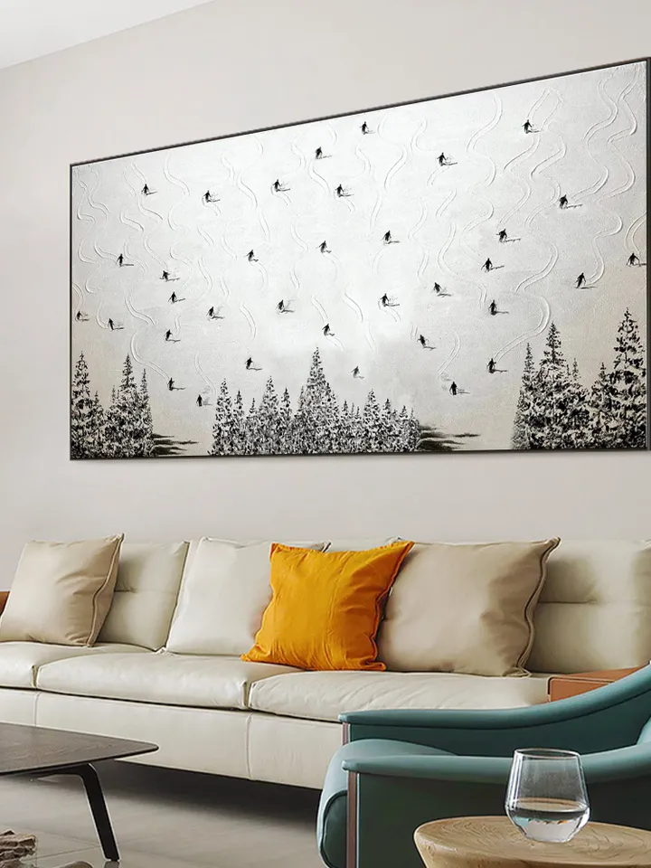 Large Original Ski Sport Painting on Canvas, Texture Wall Art, Skier on Snowy Mountain Art White Snow Skiing Art Custom Painting, Home Decor