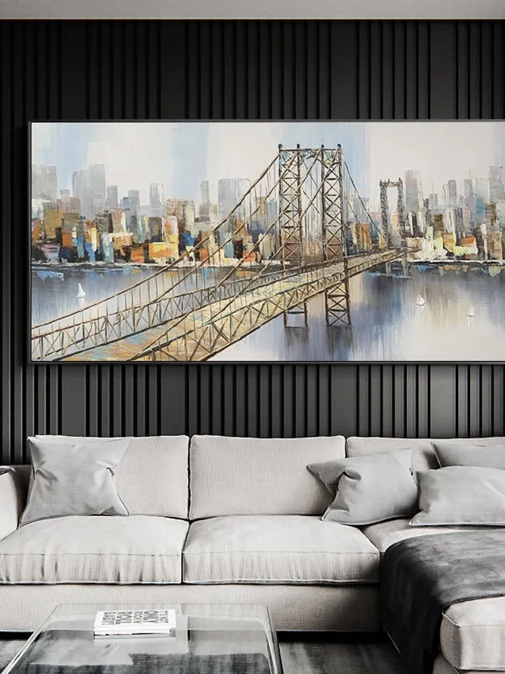 Abstract New York City Oil Painting on Canvas, Large Original Brooklyn Bridge Skyline Urban Cityscape Painting Living Room Wall Art Decor