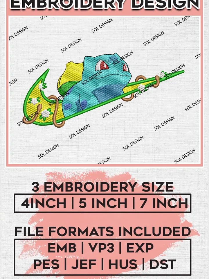 Nike Bulbasaur Embroidery Design File, Pokemon Anime Embroidery Design, Machine Enbroidery Anime, Machine Embroidery Pattern EMB_ANIME_153
