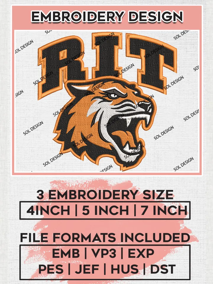 NCAA RIT Team Head Mascot Logo Embroidery Design Files, NCAA RIT Tigers Machine Embroidery, NCAA Teams, 3 sizes, NCAA Machine embroidery designs, Digital Download