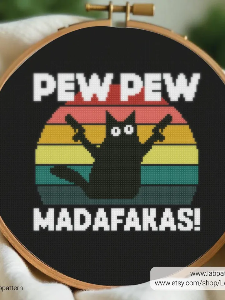 Pew Pew Madafakas meme Cross stitch pattern, Cat, Kitty, animals, beginner counted, modern chart, gift DIY, embroidery, instant PDF, digital