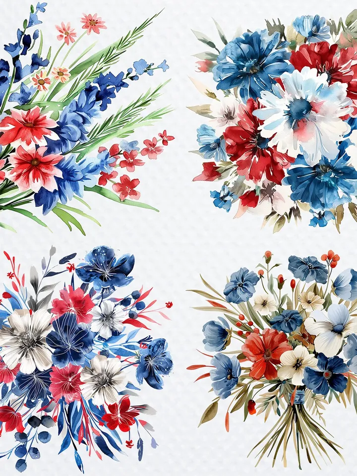 22 Patriotic bouquets PNG Bundle, Printable Watercolor American USA Bouquet for sublimation, 4th of july clipart, Paper craft, junk journal
