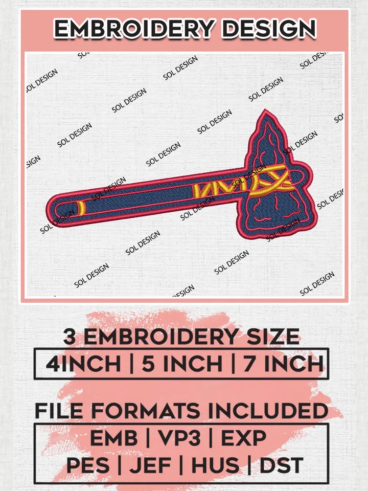 Atlanta Braves Axe Logo Machine Embroidery Files, MLB Atlanta Braves Team Embroidery, MLB Teams, 3 sizes, MLB Machine embroidery designs, Digital Download