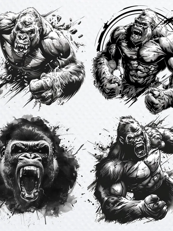 16 Angry Gorilla PNG Clipart, black and white Gorillas sublimation, Printable Watercolor Gorilla, Paper craft, junk journals