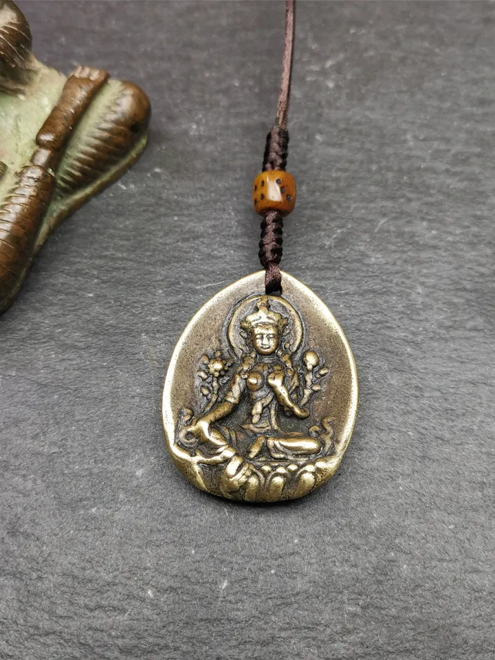 Gandhanra Antique Tibetan Buddhist Protective Amulet,Green Tara Pendant,Jetsun Dolma,Made of Brass
