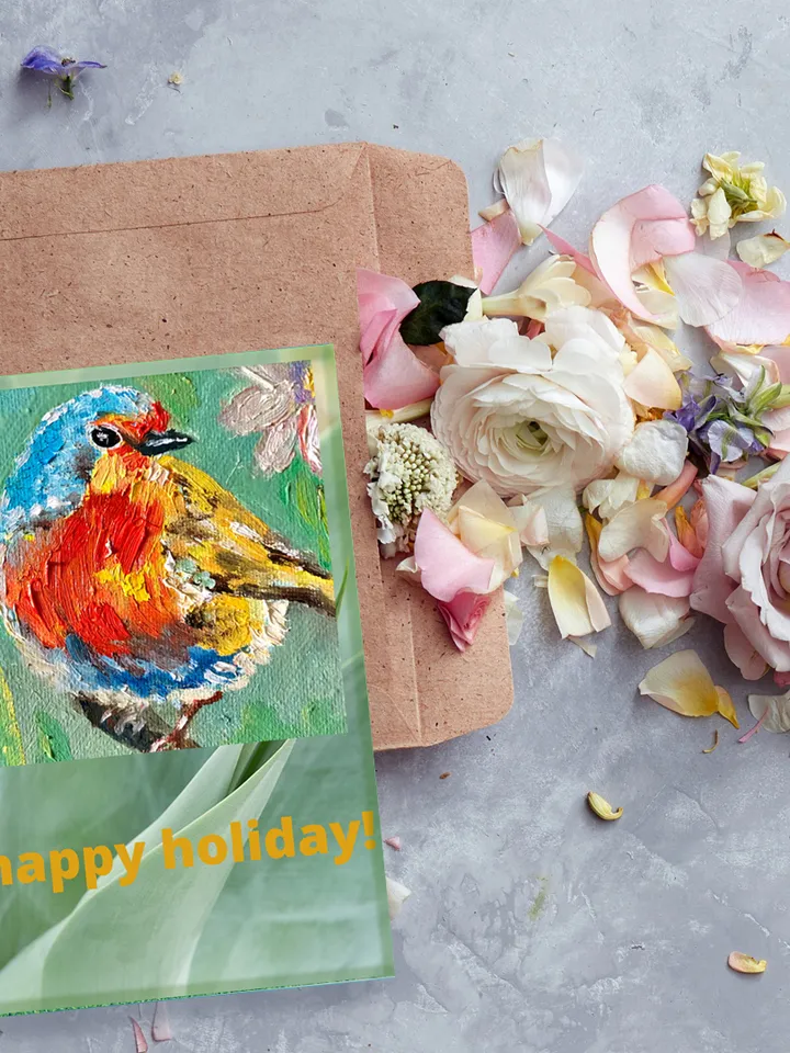 Greeting Card from my Original Oil Painting, Happy Holiday postcard, Robin Bird E-Card, Instant digital download