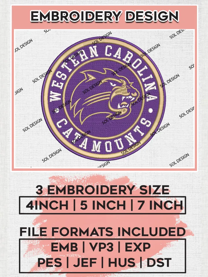 NCAA Western Carolina Catamounts Round Logo Embroidery, NCAA Western Carolina Catamounts Logo Embroidery files, NCAA Teams, Machine embroidery designs, Digital Download