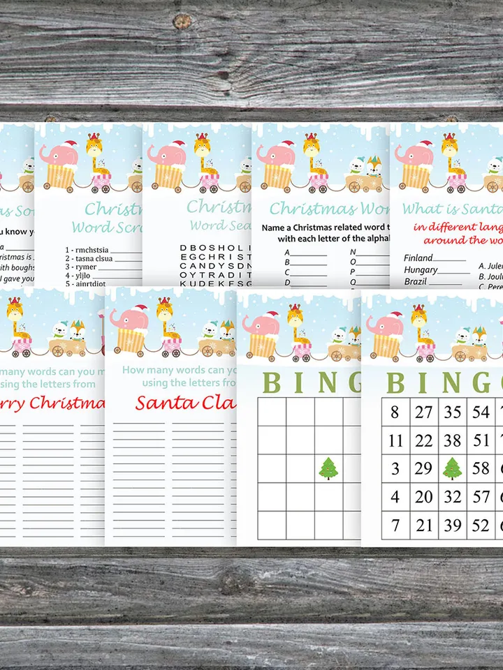 Christmas party games bundle,Printable Christmas Party Game Pack,Christmas train animals Christmas Trivia Game Cards