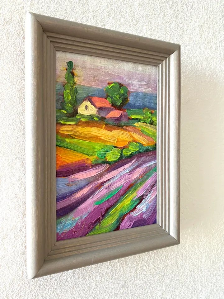Lavender Fields Painting Tuscany Original Art Landscape Oil Painting Impasto Small Artwork 4x6 Tuscan Serenity Painting Wild Flowers