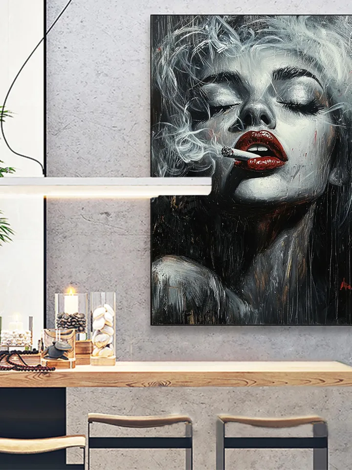 Smoking Woman Painting, Black and White Wall Art, Red Lips Art, Sensual Woman Portrait, Canvas Art, Large Wall Decor, Original Oil Painting