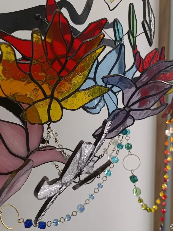 Large 3D Stained Glass Branch with Beaded Garlands, Large 3D Branch with Glass Bead Garlands, Large 3D Stained Glass Branch with Beaded Garlands, Artistic Glass Flower Stem with Beads, Fantasy-Inspired 3D Floral Glass Sculpture, Handcrafted Stained Glass