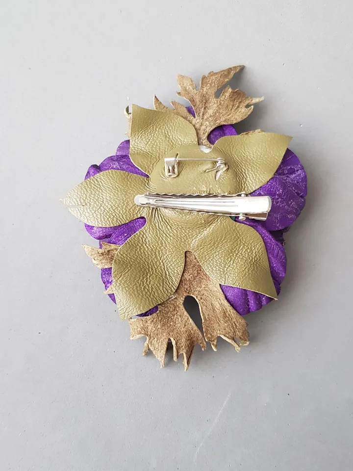 Dark blue leather brooch for her, Leather women's jewelry
