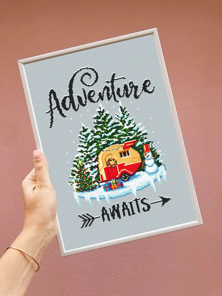 Adventure awaits cross stitch pattern download PDF Winter camping cross stitch Nature landscape embroidery PDF DIY Christmas decor #L14
