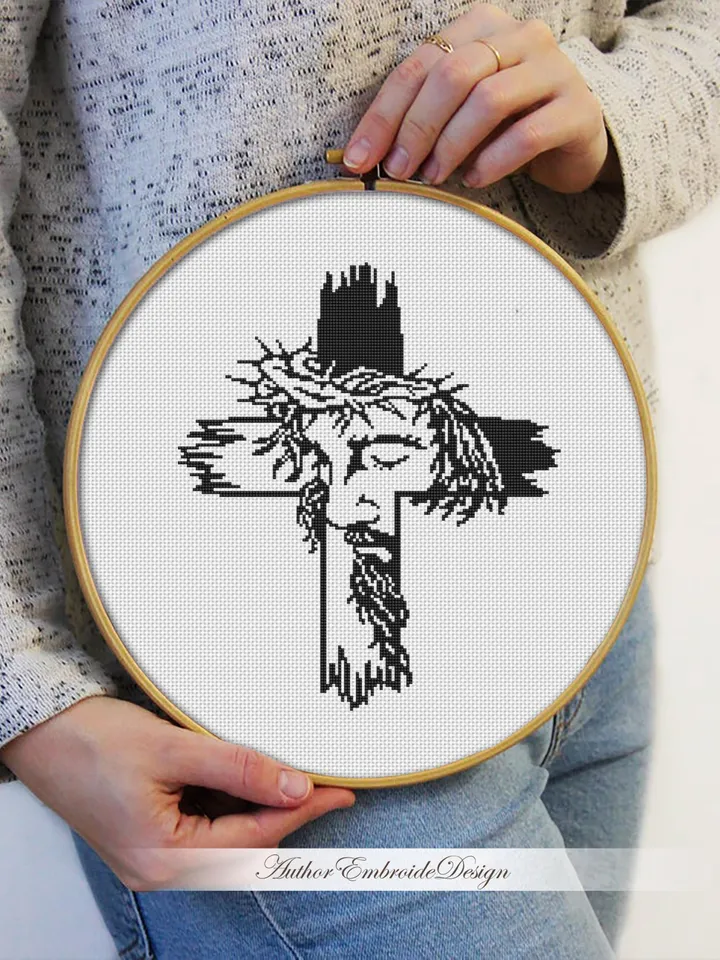 Religious cross with Jesus cross stitch pattern PDF instant download Christian cross stitch chart, Jesus on the cross digital pattern #O21