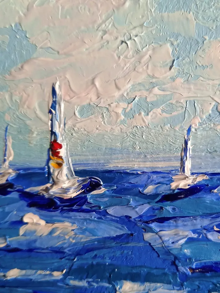 Miniature original oil painting seascape Sea regatta painting in dollhouse