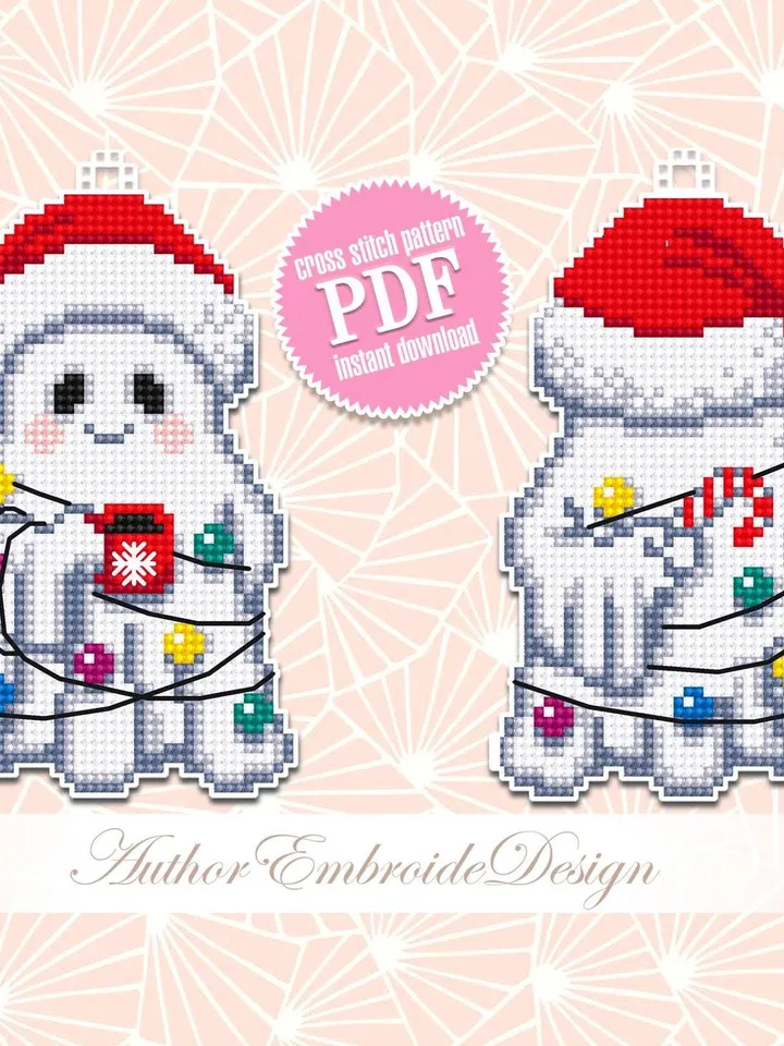 Christmas ghost cross stitch pattern PDF download Double-sided Christmas tree decor for plastic canvas, Cute ghost pattern digital PDF #N159
