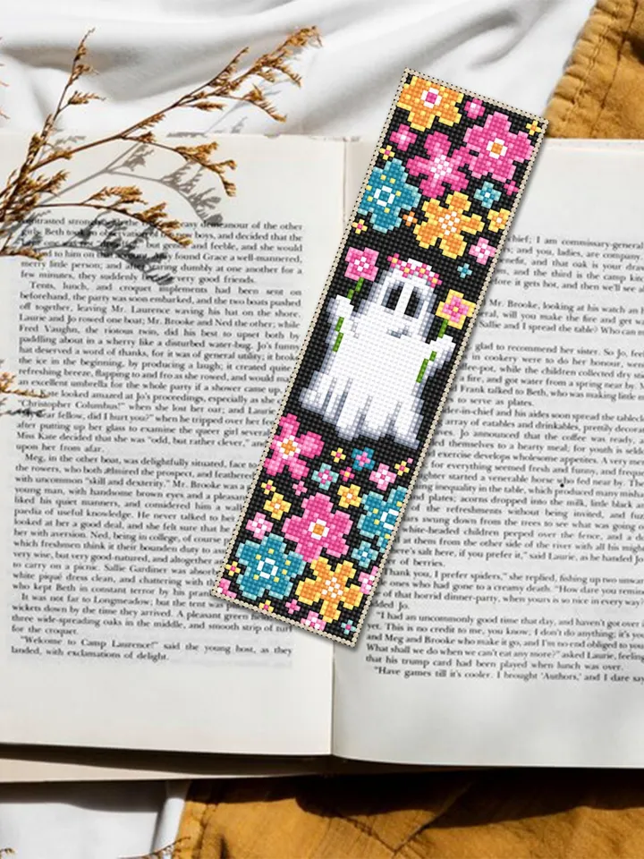 Floral ghost bookmark cross stitch pattern PDF download Cute ghost cross stitch chart, Simple Halloween bookmark pattern digital PDF #B366