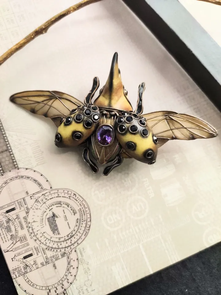 Yellow Hercules Beetle Brooch, Hercules Beetle Figurine, Sculpture Art