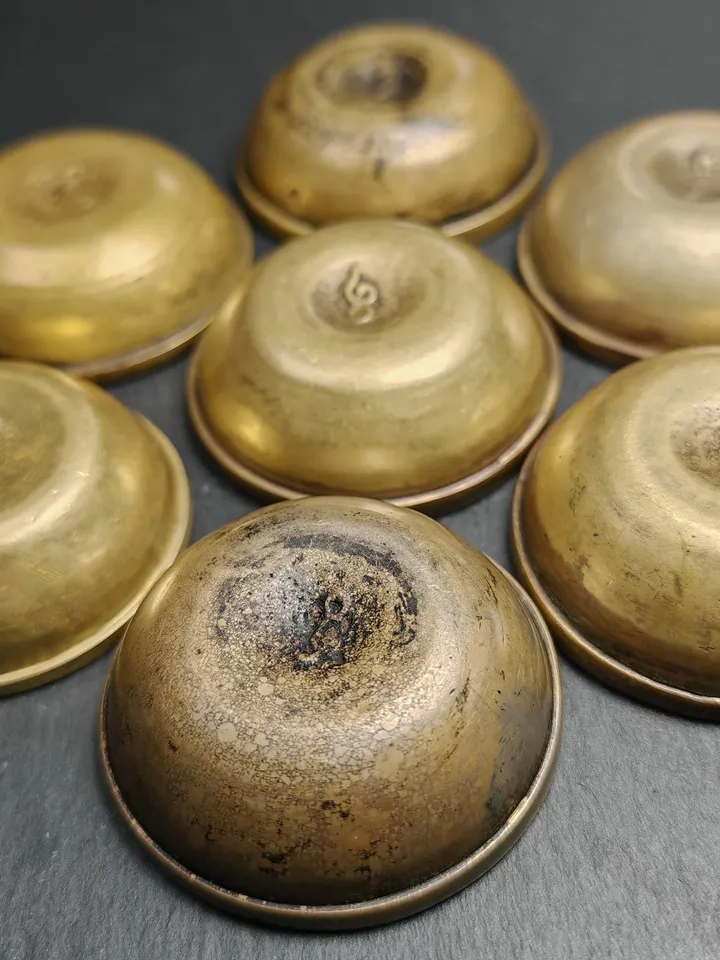 Gandhanra Old Tibetan Buddhist Water Offering Bowls,Yonchap Bowls,1 Set of 7 Bowls,Offerings in Monastery,40 Years Old,2.4" × 0.8"