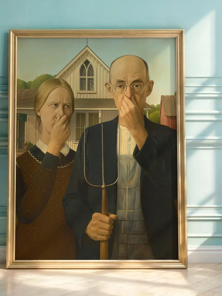 Funny American Gothic Bathroom Art Print Poster Altered Vintage Surreal Eclectic Prank Gift Maximalist Wall Decor Humor Digital Download