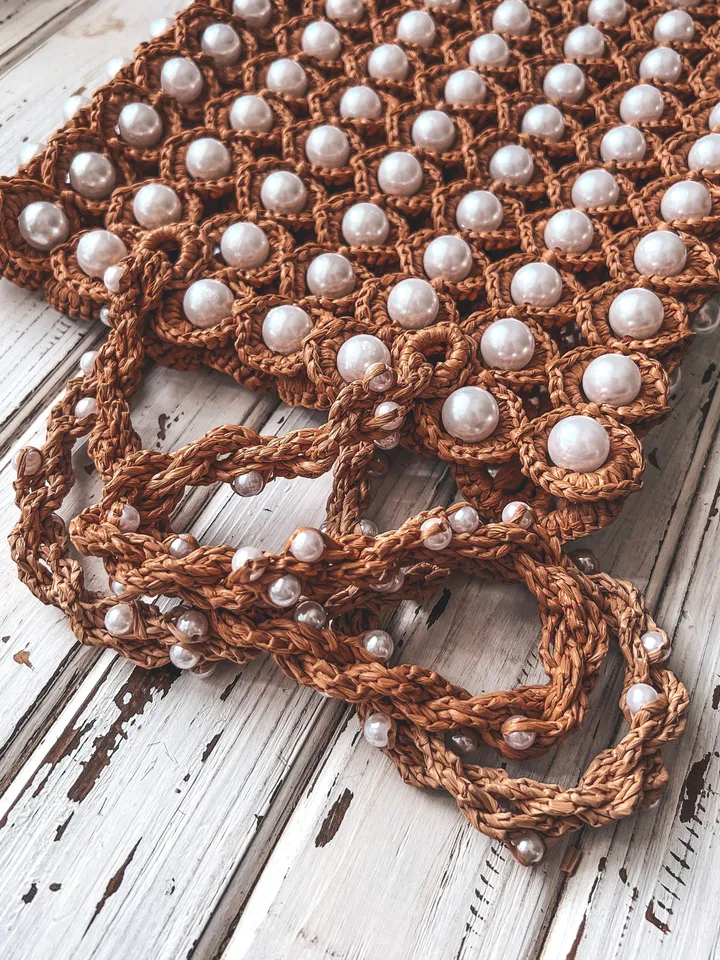 Raffia bag with beads crochet pattern PDF, digital instant download, video tutorial, summer bag, bridesmaid bag, net bag