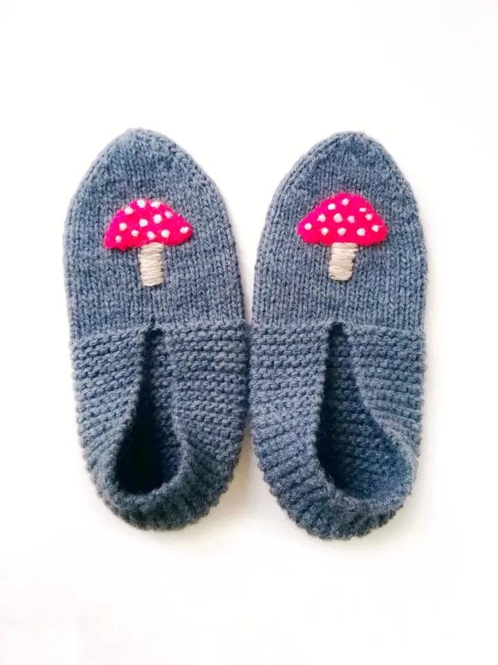 Hand-Knitted Mushroom Embroidered Socks-Slippers for Women, Merino and Alpaca Wool. Cute Warm Indoor Slipper-Socks. FREE SHIPPING!