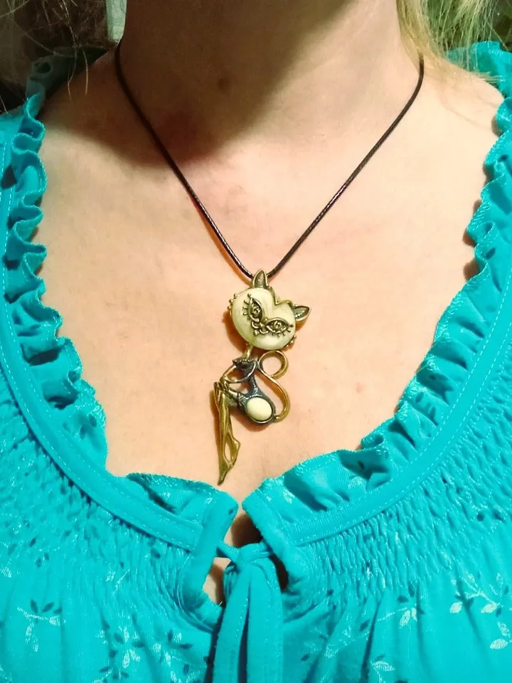 Lady cat pendant necklace gold and yellow amber jewelry Gift for women to beloved girl Bohemian statements jewelry handmade in vintage style