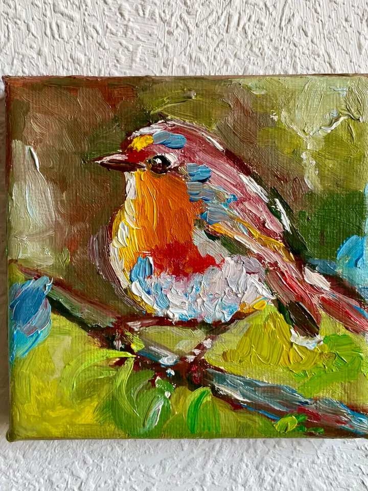 Robin Bird Painting, Original Oil painting on Canvas, Mini Canvas Art, Tiny Bird Artwork