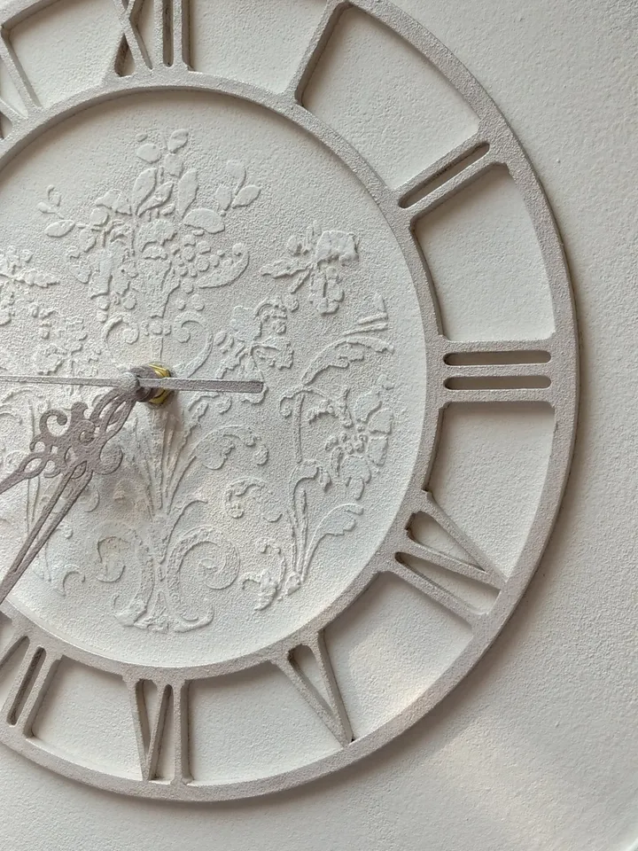 White round wall clock with grey frame and white ornament Silent clock for bedroom or nursery Gift for Christmas, Birthday, Mother's Day, Wedding, Housewarming