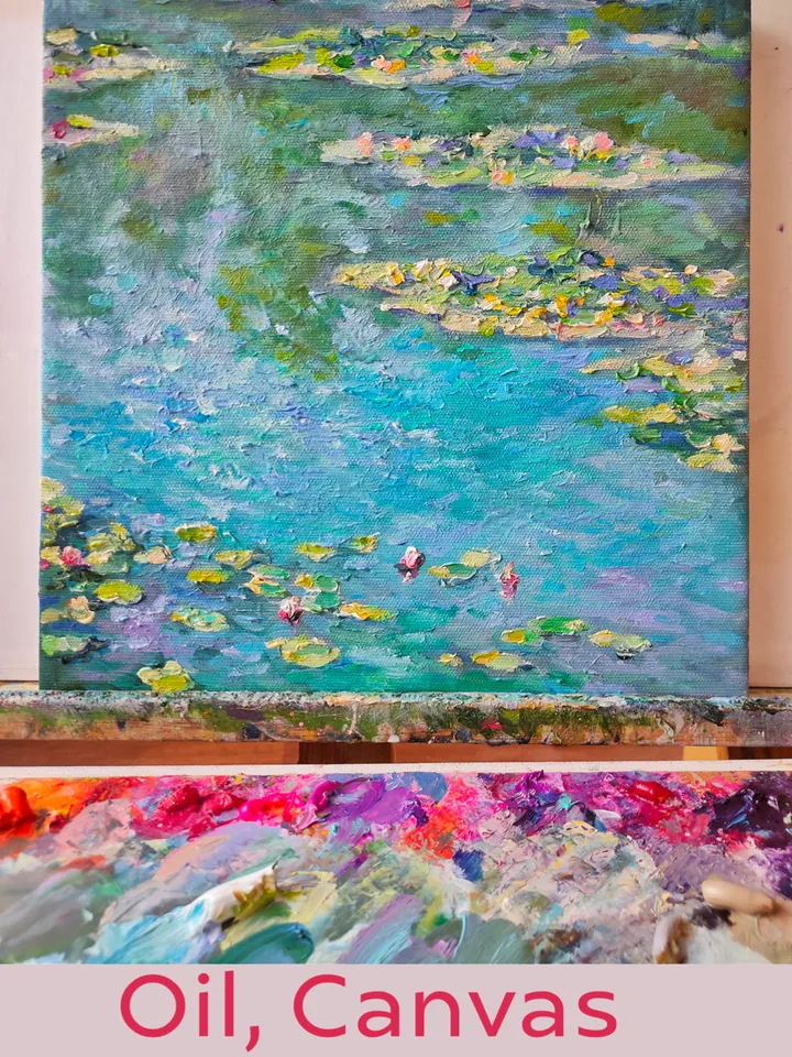 Painting "Water Lilies in a Pond" Oil Canvas on a stretcher 12 by 12 inches Flowers Painting Oil Impasto Palette Knife Artist Fedorova Natalia