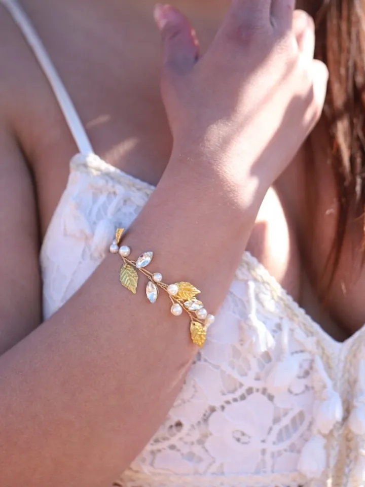 Boho Wedding Bracelet, Gold Leaf Statement Wedding Earrings, Pearl Bridal Bracelet, Statement Wedding Jewelry, Swarovski Crystal Jewellery