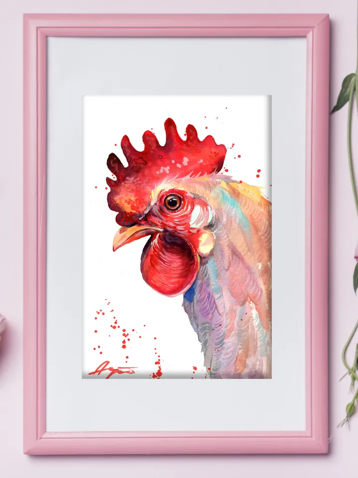Rooster original watercolor, birds painting, wall decor, 7x10 in art for bird lovers by Anne Gorywine