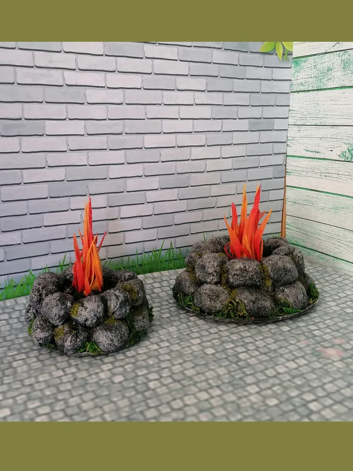 Bonfire with lighting. Dollhouse miniature 1:12. Realistic fire. LED candle. Fire for a doll's garden.