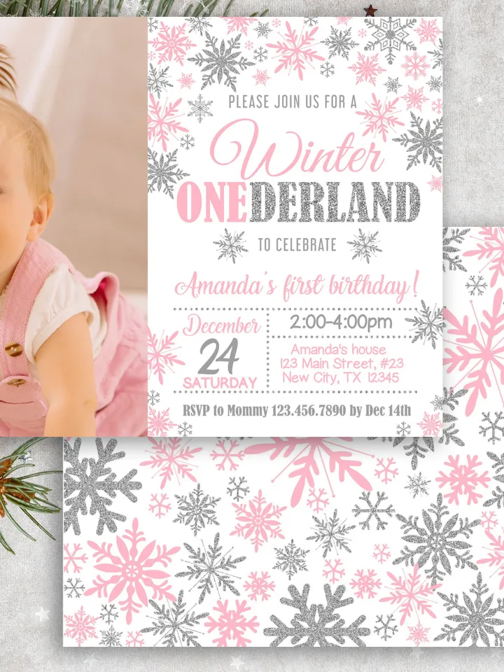 Winter Onederland Invitation Girl 1st Birthday Invitation, Winter Wonderland Birthday Invitation, First Birthday Snowflake Editable Template