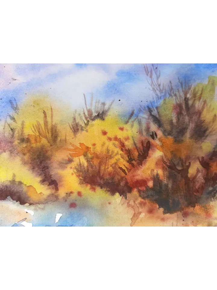 Golden Autumn Bright fall day ORIGINAL Watercolor Painting colorful Small Art Signed by artist Marina Chuchko 5,5x8 inches