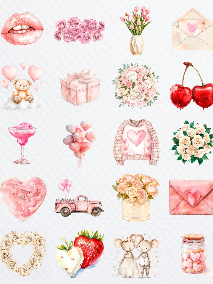 176 Watercolor Valentines Day PNG Bundle, Valentine Teddy Bears, Boho Valentine's Card Making Kit, Love is in the air, Love Day Clipart