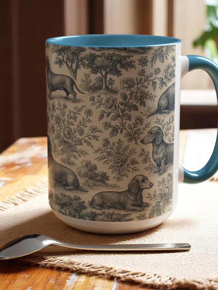 Dachshund French Toile de Jouy Ceramic Mug, Toile Coffee Cup for Doxie Mom, Sausage Dog Lover Gifts, Dog Tea Drinkware, Gift For Dog Lovers