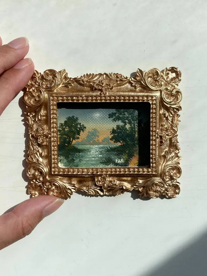 Small Landscape Oil Painting Framed Art Original Moon Painting Antique Gift Renaissance Art Gold Frame Tiny Paintings 3 x 4 Art